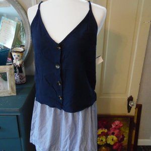 NWT Linen-Blend Button-Front Blue Tank Top, Med